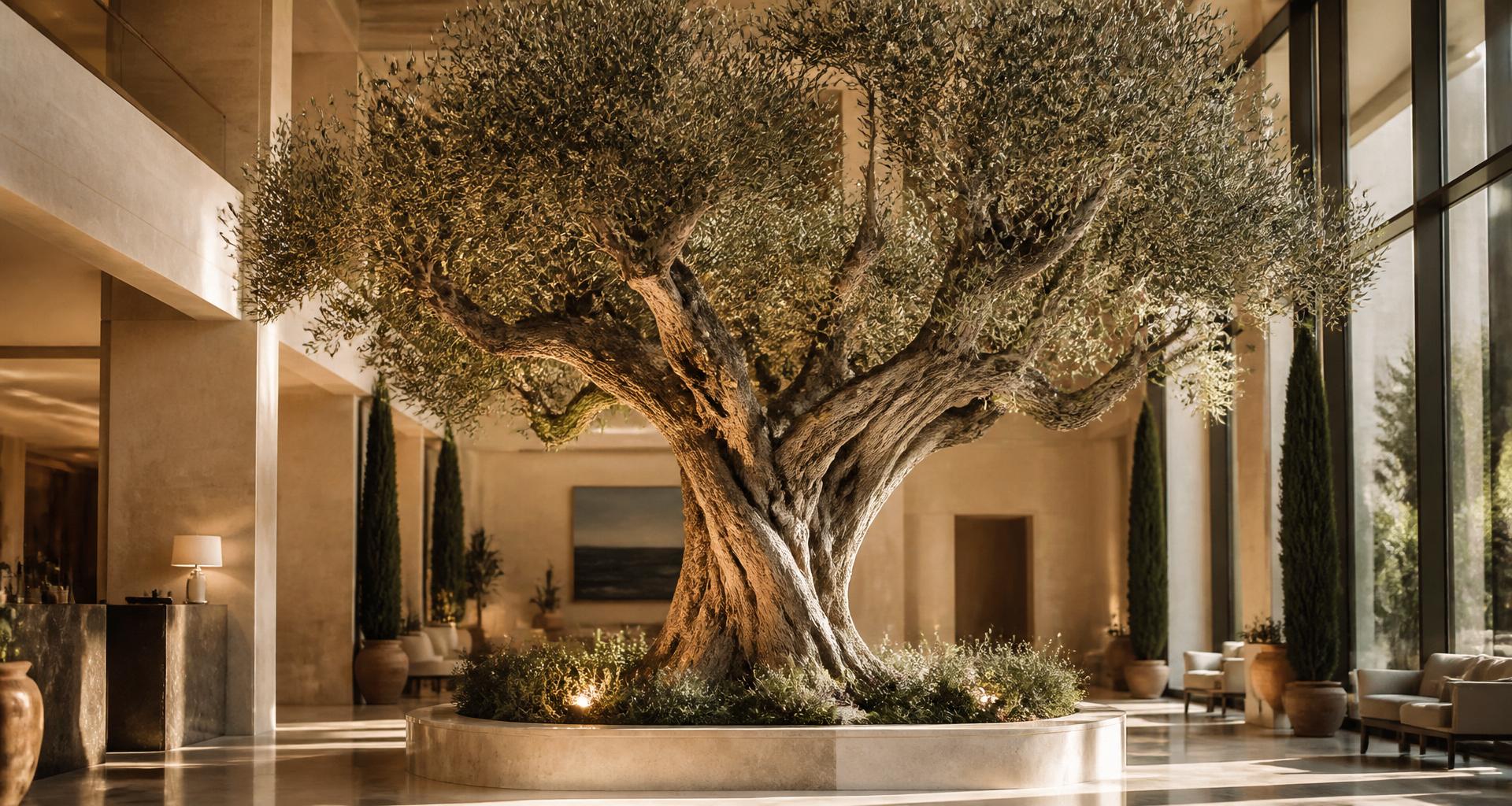 Monumental 6m architectural artificial olive tree by VERDEA installed indoors — hand-cast bark from a centenary Mediterranean specimen, silvered polyethylene foliage botanically matched to Olea europaea, internal welded-steel armature, uplit against a stone plinth
