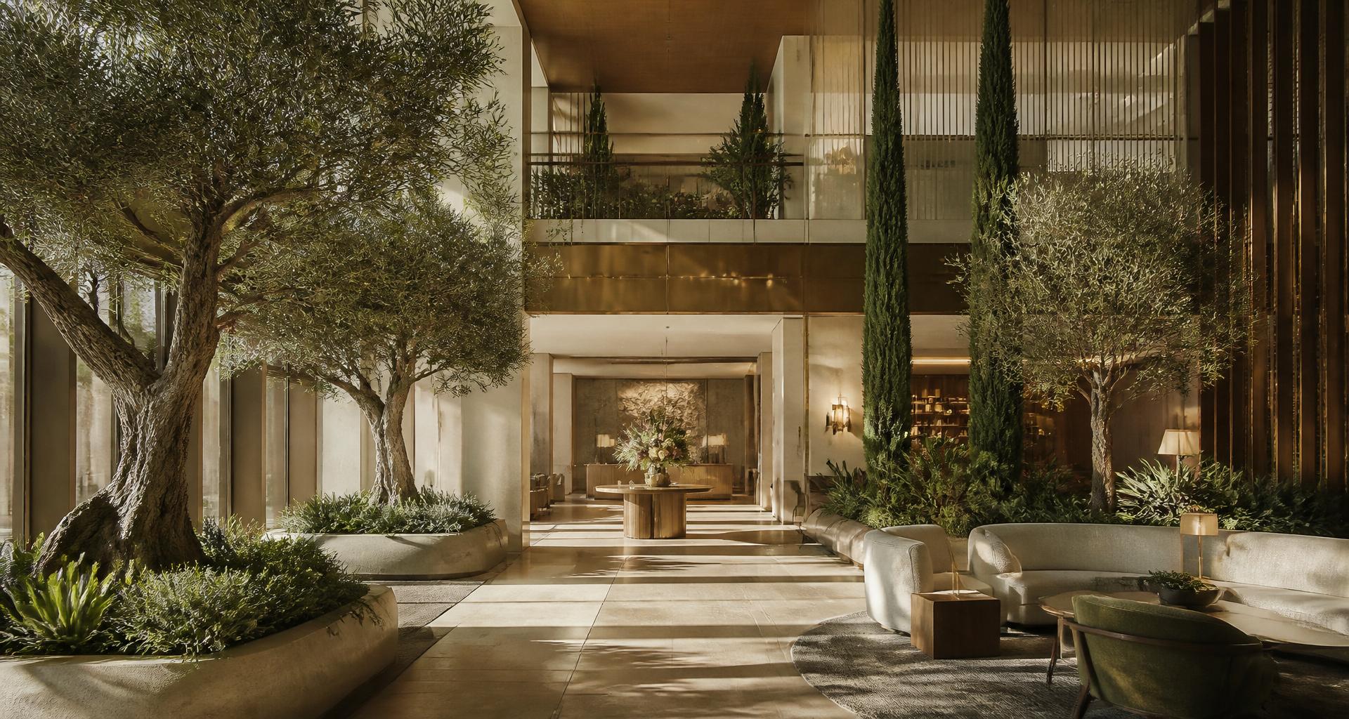 Five-star hotel lobby with two 5m architectural artificial olive trees by VERDEA — cast bark trunks, silvered polyethylene foliage, internal steel armature, lit from below against travertine and warm oak